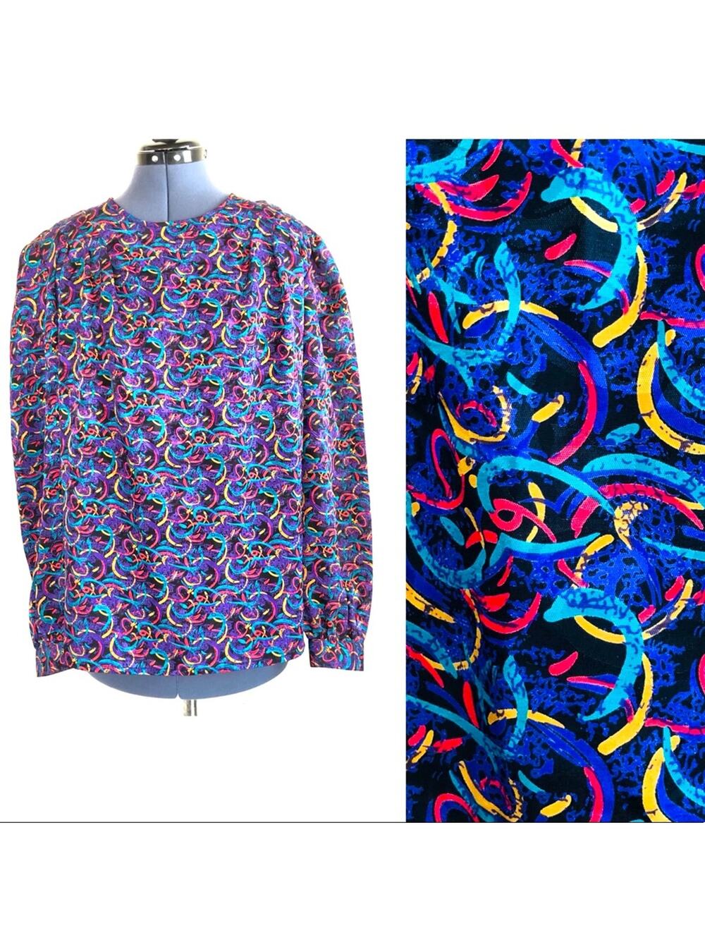 Vintage Colorful Wild Pattern Loose Fitting Blouse Funky Abstract Design Size 12